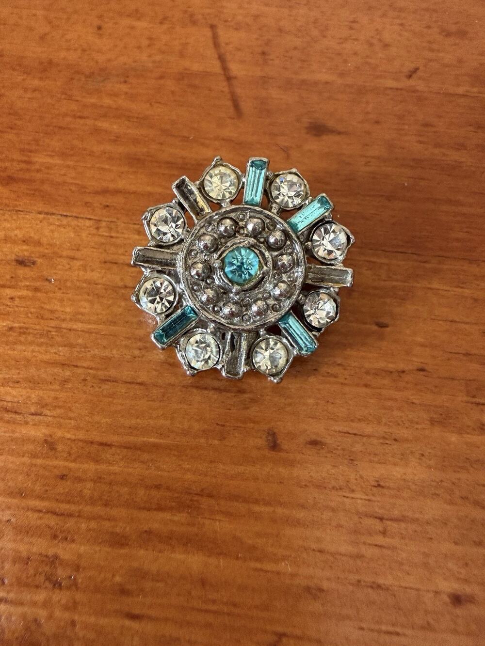 Vintage Blue & Clear Rhinestone Starburst Brooch Silver Tone Snowflake Pin